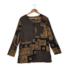 CCLA Carole Little Top Jacket M Black Gold Mixed Print Polka Dot Button Front